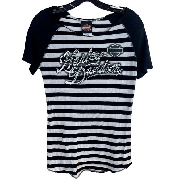 Harley-Davidson Tops - Harley-Davidson Womens T-Shirt Black Striped Short Sleeve Raglan Scoop Neck M